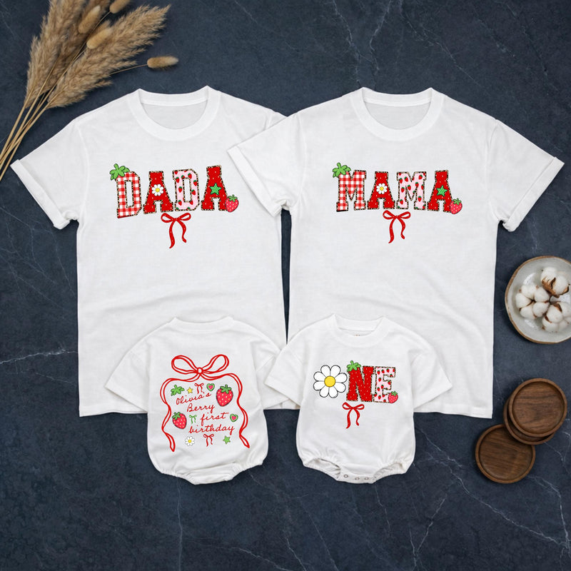 Custom Strawberry-Themed 1st Birthday Matching Family Outfits, Soft Cotton Bubble Romper for Baby Girl and Mama Dada T-Shirts, Summer Design