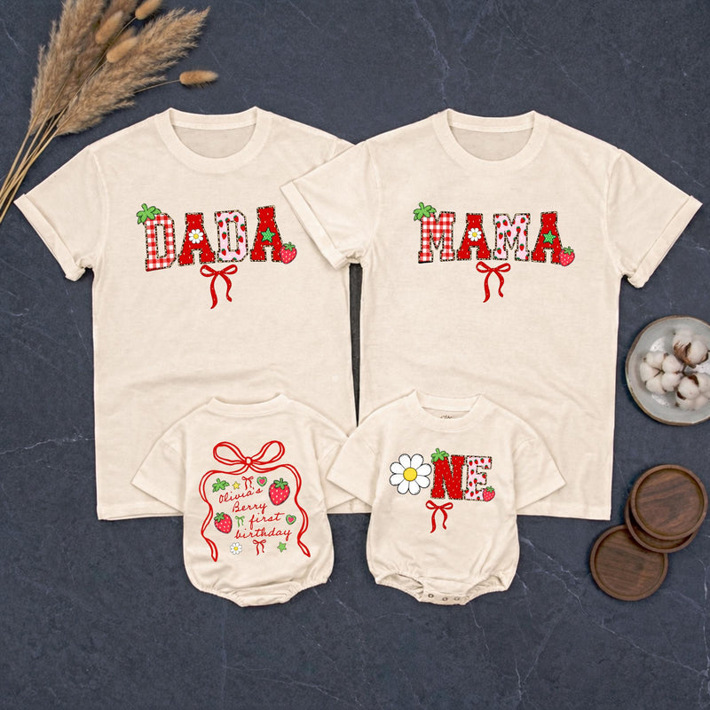 Custom Strawberry-Themed 1st Birthday Matching Family Outfits, Soft Cotton Bubble Romper for Baby Girl and Mama Dada T-Shirts, Summer Design