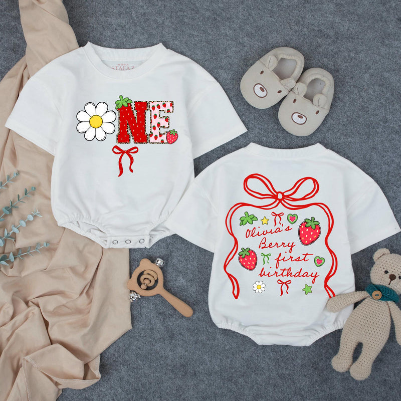 Custom Strawberry-Themed 1st Birthday Matching Family Outfits, Soft Cotton Bubble Romper for Baby Girl and Mama Dada T-Shirts, Summer Design
