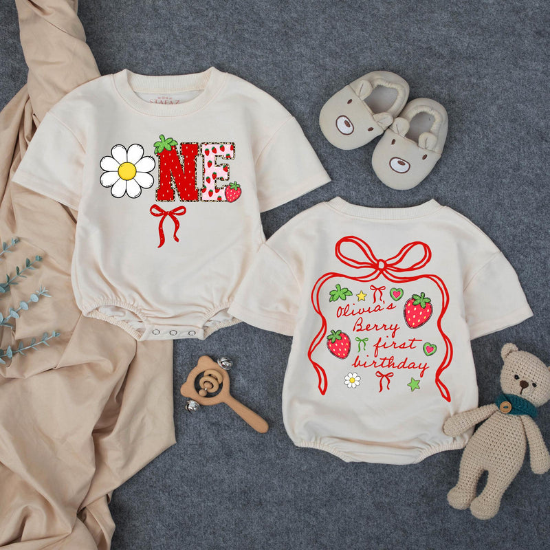 Custom Strawberry-Themed 1st Birthday Matching Family Outfits, Soft Cotton Bubble Romper for Baby Girl and Mama Dada T-Shirts, Summer Design
