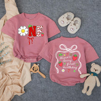 Custom Strawberry-Themed 1st Birthday Matching Family Outfits, Soft Cotton Bubble Romper for Baby Girl and Mama Dada T-Shirts, Summer Design