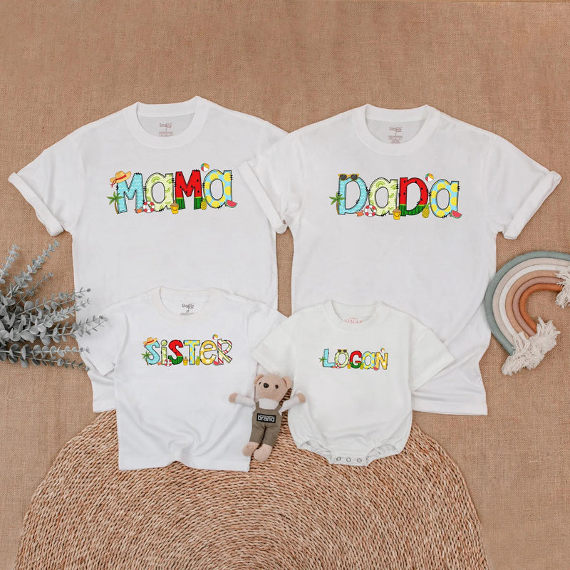 Custom Summer Family Shirts with Vibrant Beach-Themed Designs, Matching Birthday Outfits for Mom, Dad, Kids, Perfect Coastal Party Look