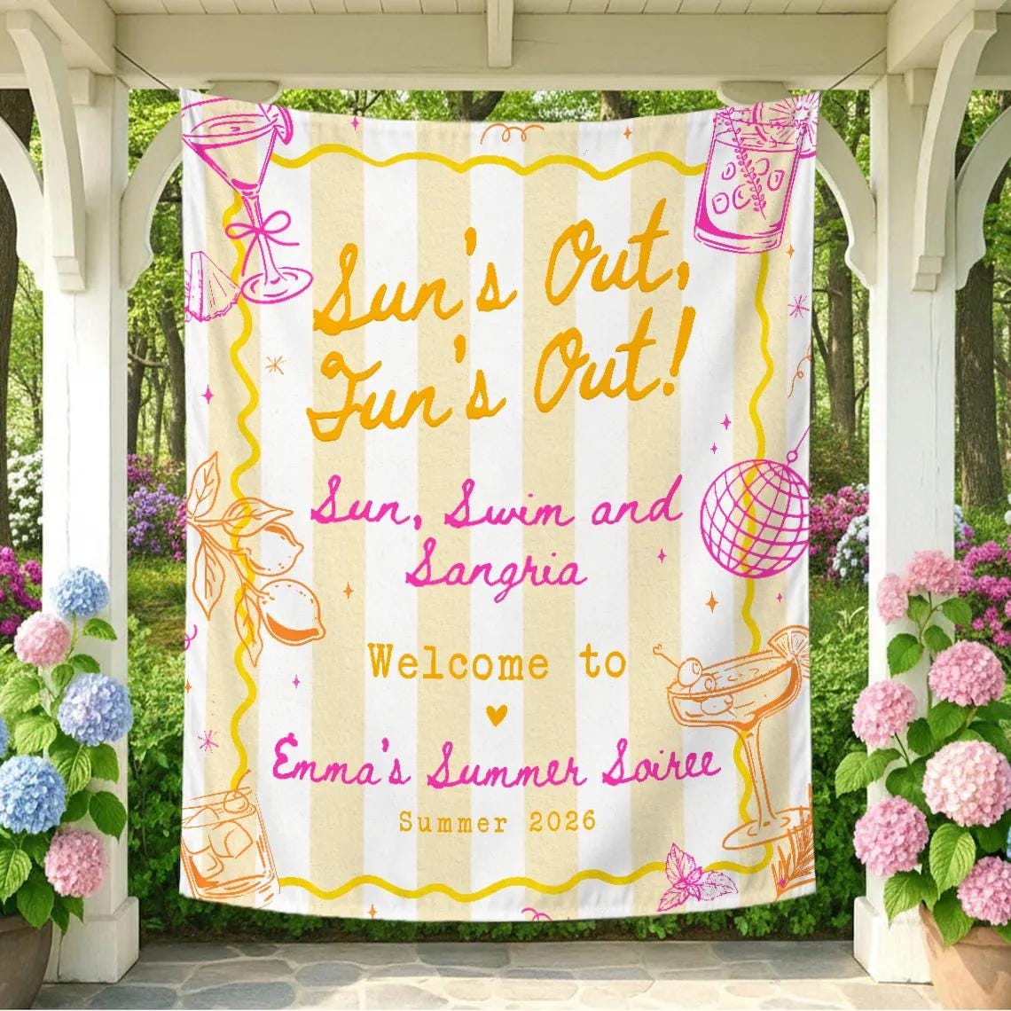 Custom Summer Party Silk Banner with Retro Striped Design Sun Swim Sangria Poolside Backdrop Personalized Decor for Cocktail Parties