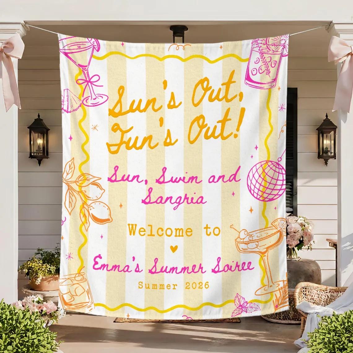 Custom Summer Party Silk Banner with Retro Striped Design Sun Swim Sangria Poolside Backdrop Personalized Decor for Cocktail Parties