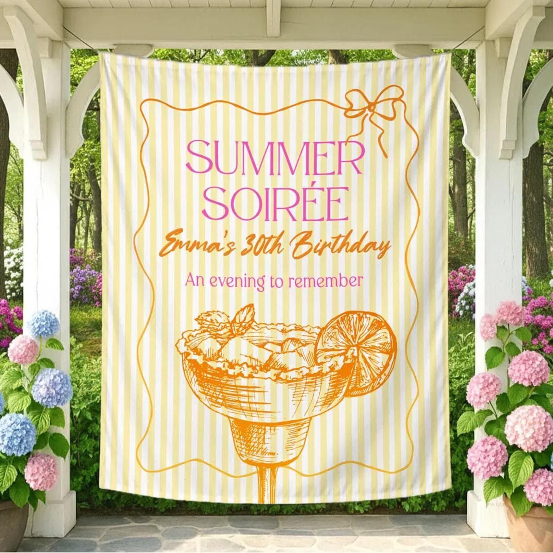 Custom Summer Soirée Silk Birthday Banner for Emma's 30th, Vintage-Inspired Cocktail Party Backdrop and Outdoor Garden Party Decor