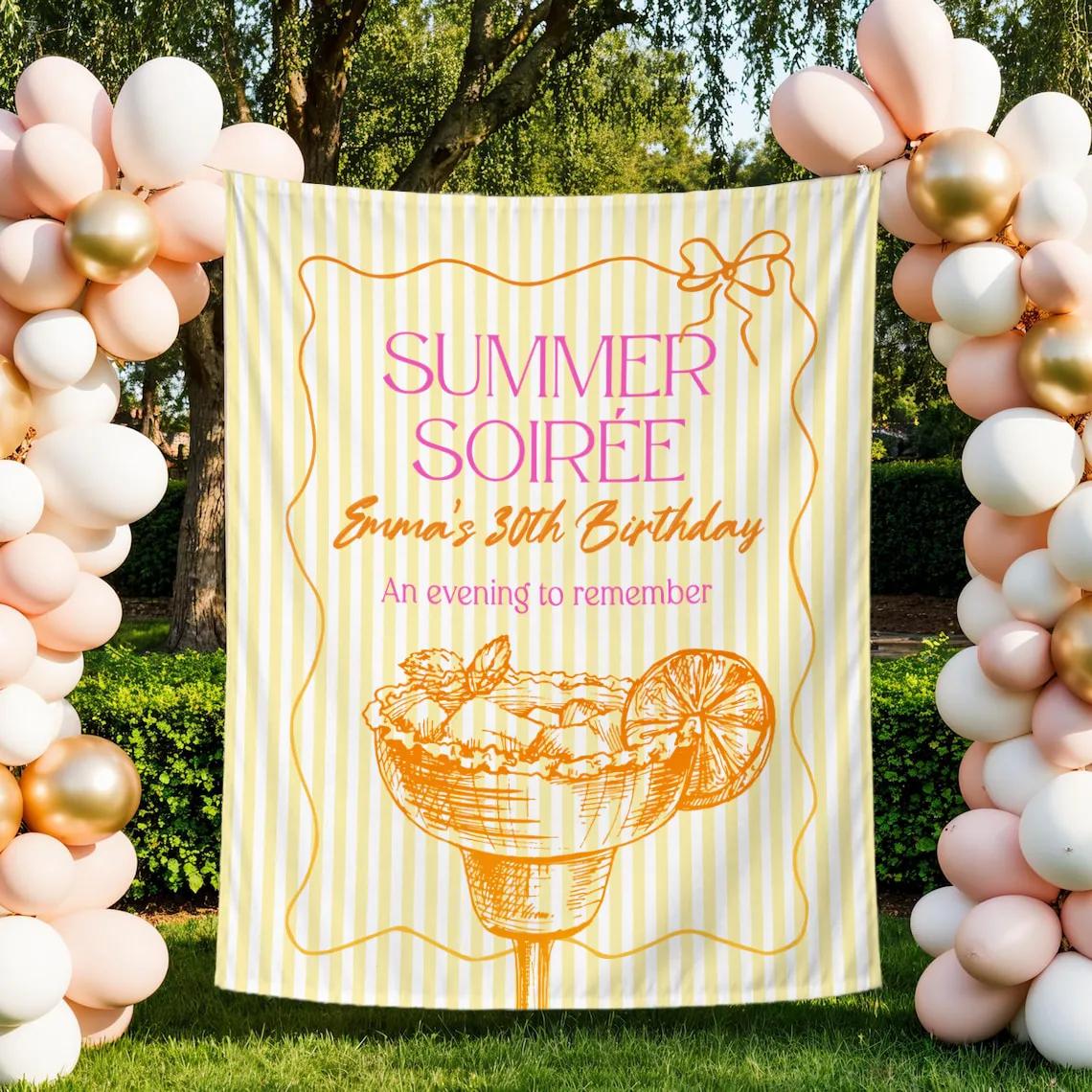 Custom Summer Soirée Silk Birthday Banner for Emma's 30th, Vintage-Inspired Cocktail Party Backdrop and Outdoor Garden Party Decor