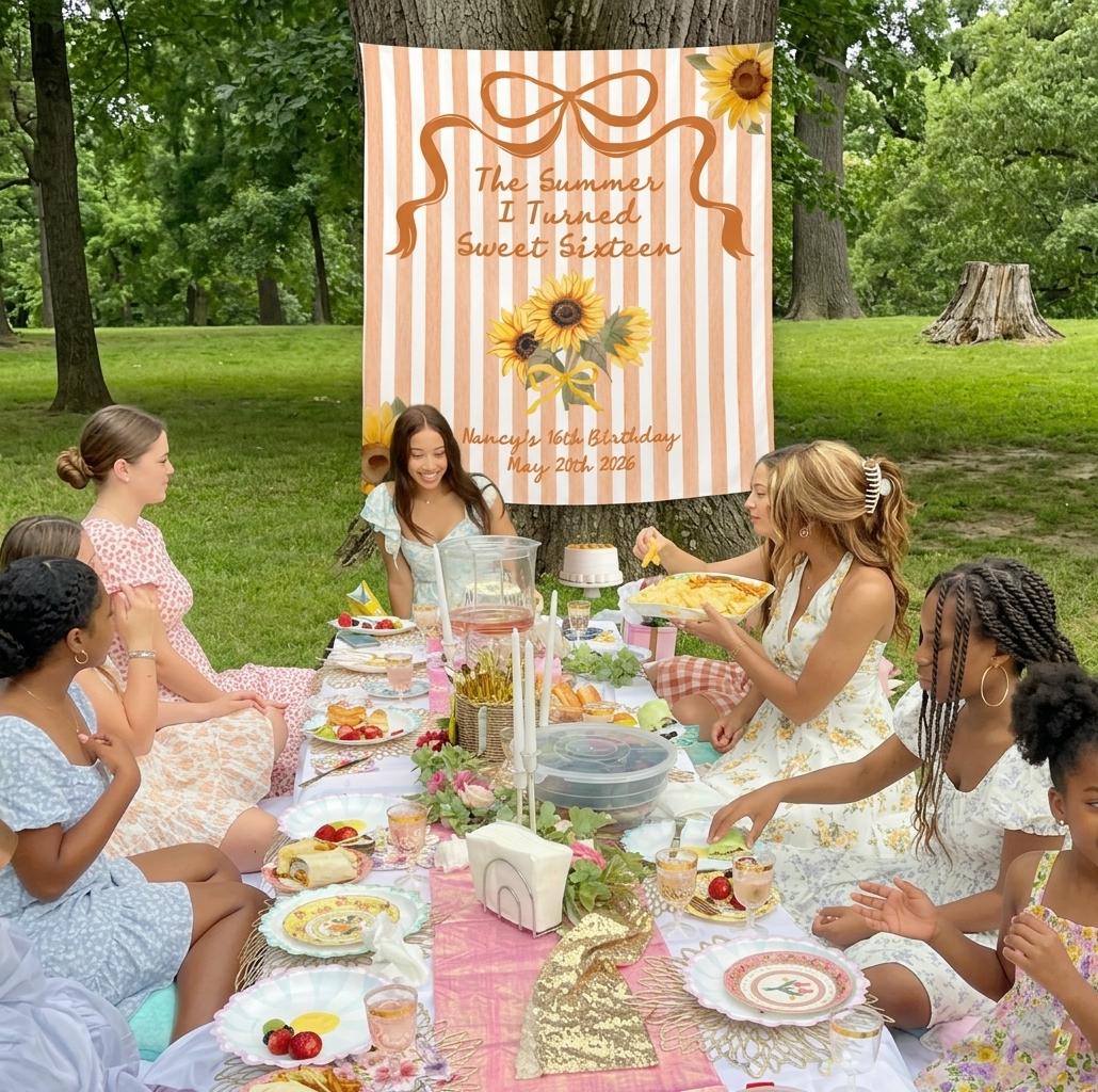 Custom Sweet 16 Silk Banner Sunflower Themed Party Backdrop Personalized with Name and Date for Sixteenth Birthday Summer Celebration Decor