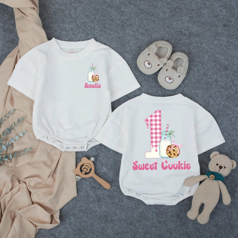 Custom Sweet Cookie First Birthday Romper for Baby Girls, Personalized Name Design, Soft Cotton Outfit for Cake Smash or Milestone Photos