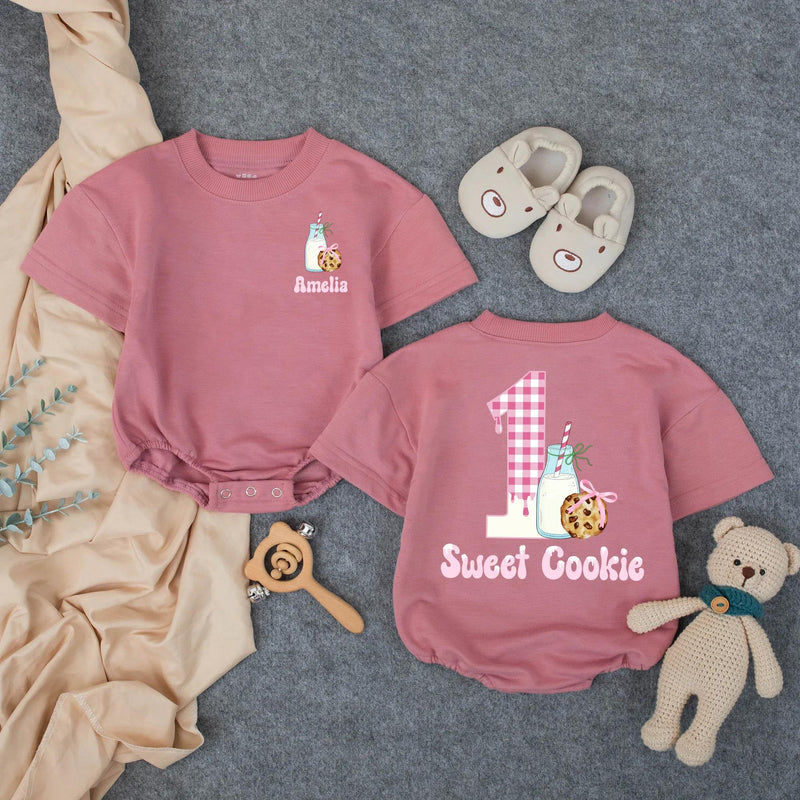 Custom Sweet Cookie First Birthday Romper for Baby Girls, Personalized Name Design, Soft Cotton Outfit for Cake Smash or Milestone Photos