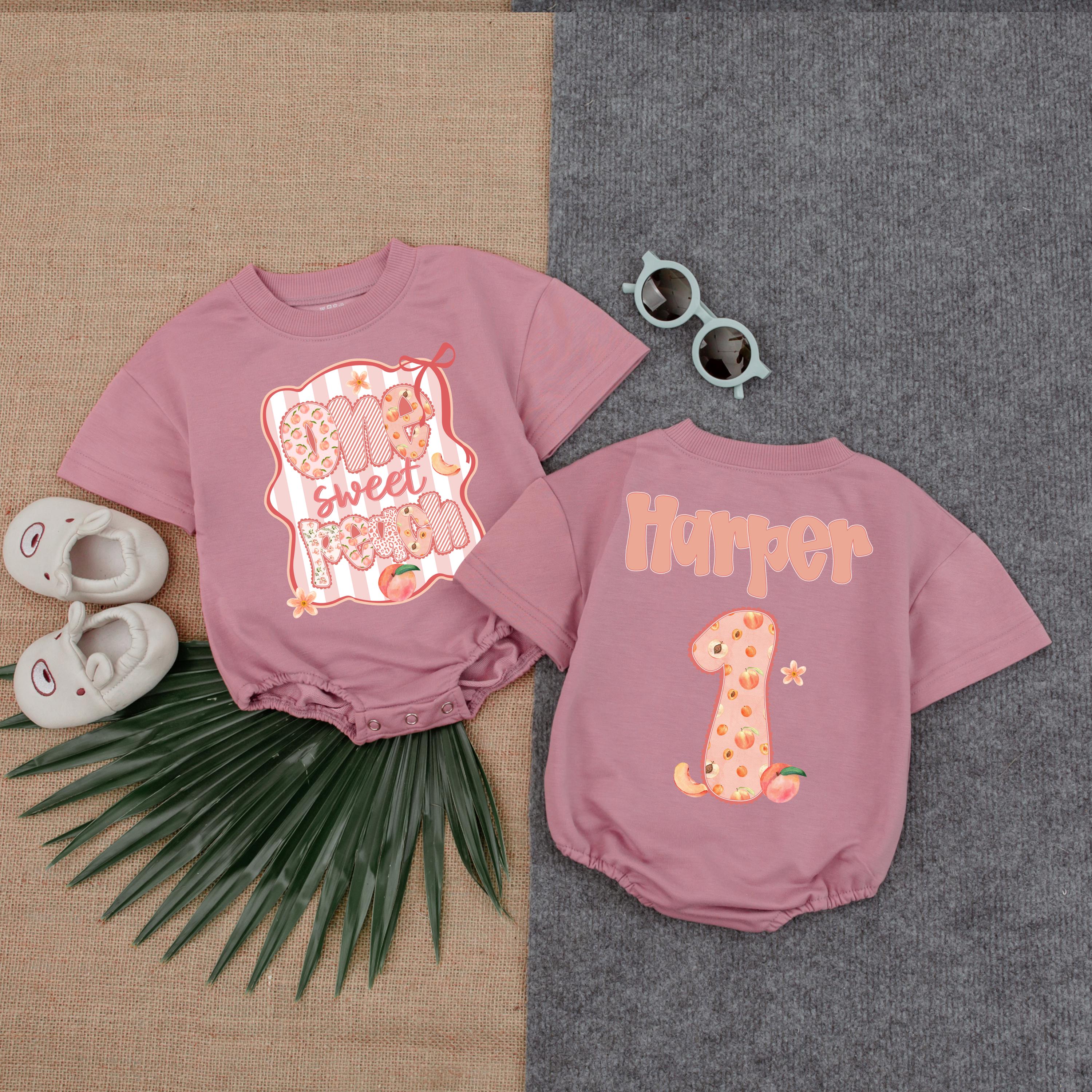 Custom Sweet Peach Baby Romper First Birthday Outfit Harper Name Peach Theme Infant Girl Gift Party Wear