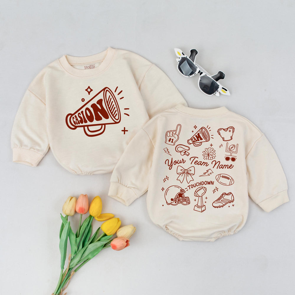 Custom Team Name Football Baby Romper Touchdown Bodysuit Retro Sport Outfit Whimsical Game Day Clothes Comfortable Cotton Gift