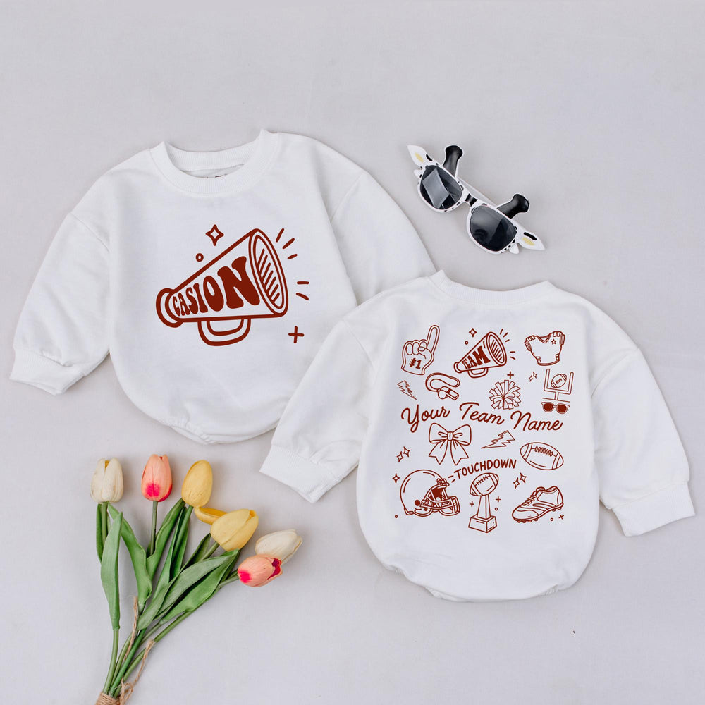Custom Team Name Football Baby Romper Touchdown Bodysuit Retro Sport Outfit Whimsical Game Day Clothes Comfortable Cotton Gift