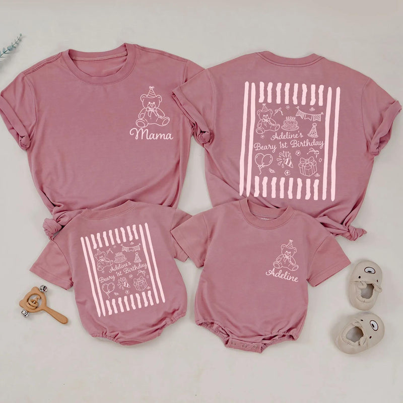 Custom Teddy Bear 1st Birthday Matching Family Shirts, Personalized Cotton Tees & Baby Romper for Mom, Dad, and Toddler Celebration Outfit