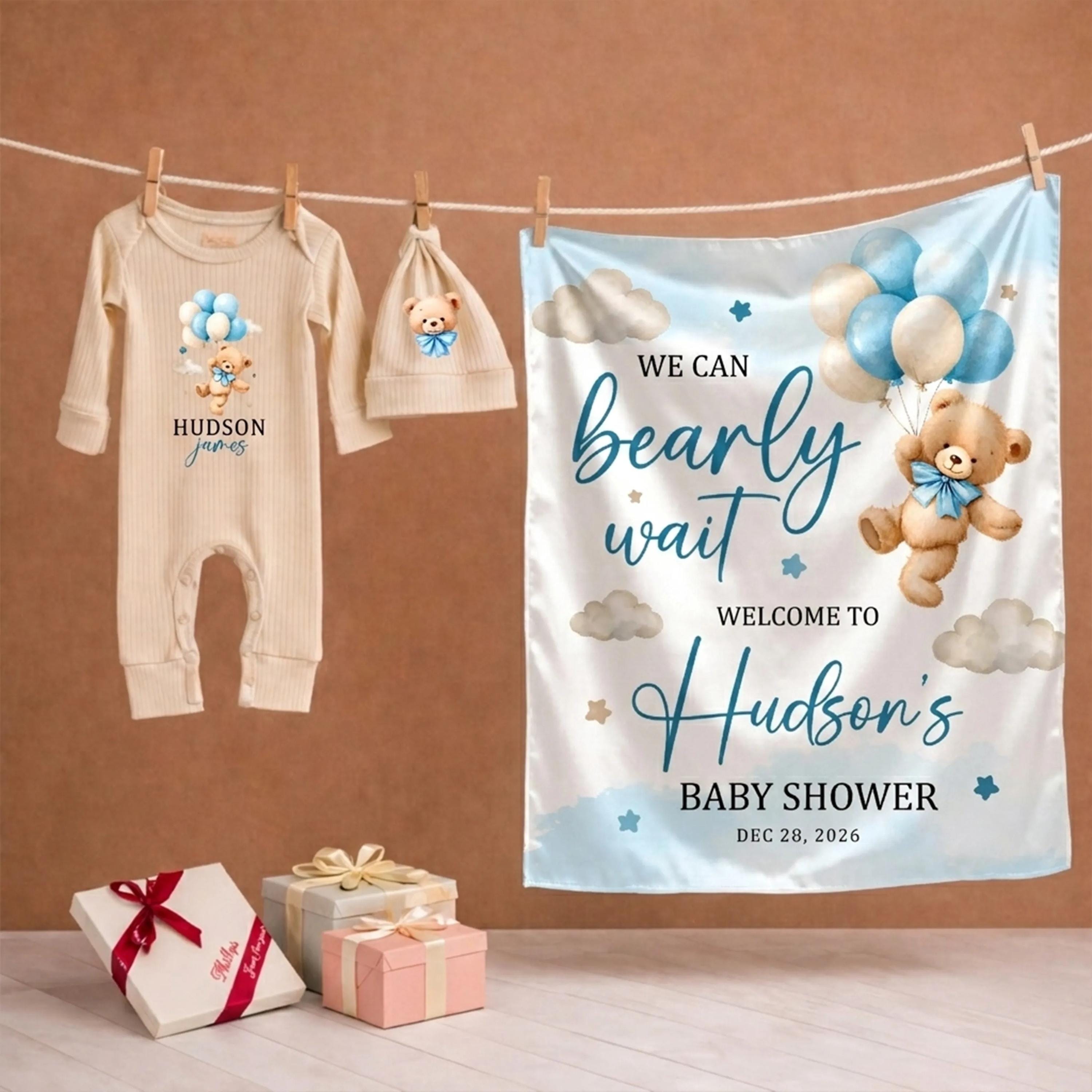 Custom Teddy Bear Baby Bodysuit and Silk Banner Set with Blue Balloons, Personalized Boy Shower Decor Gift, Soft Cotton Outfit and Sign