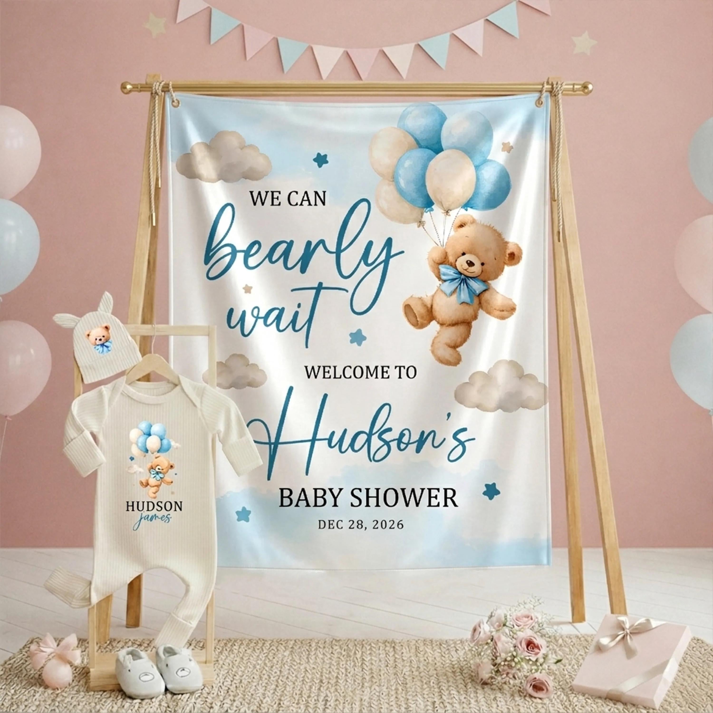 Custom Teddy Bear Baby Bodysuit and Silk Banner Set with Blue Balloons, Personalized Boy Shower Decor Gift, Soft Cotton Outfit and Sign