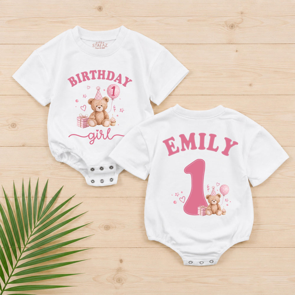 Custom Teddy Bear First Birthday Outfit for Baby Girl Soft Watercolor Romper with Name Adorable 1st Birthday Cake Smash Clothes Gift