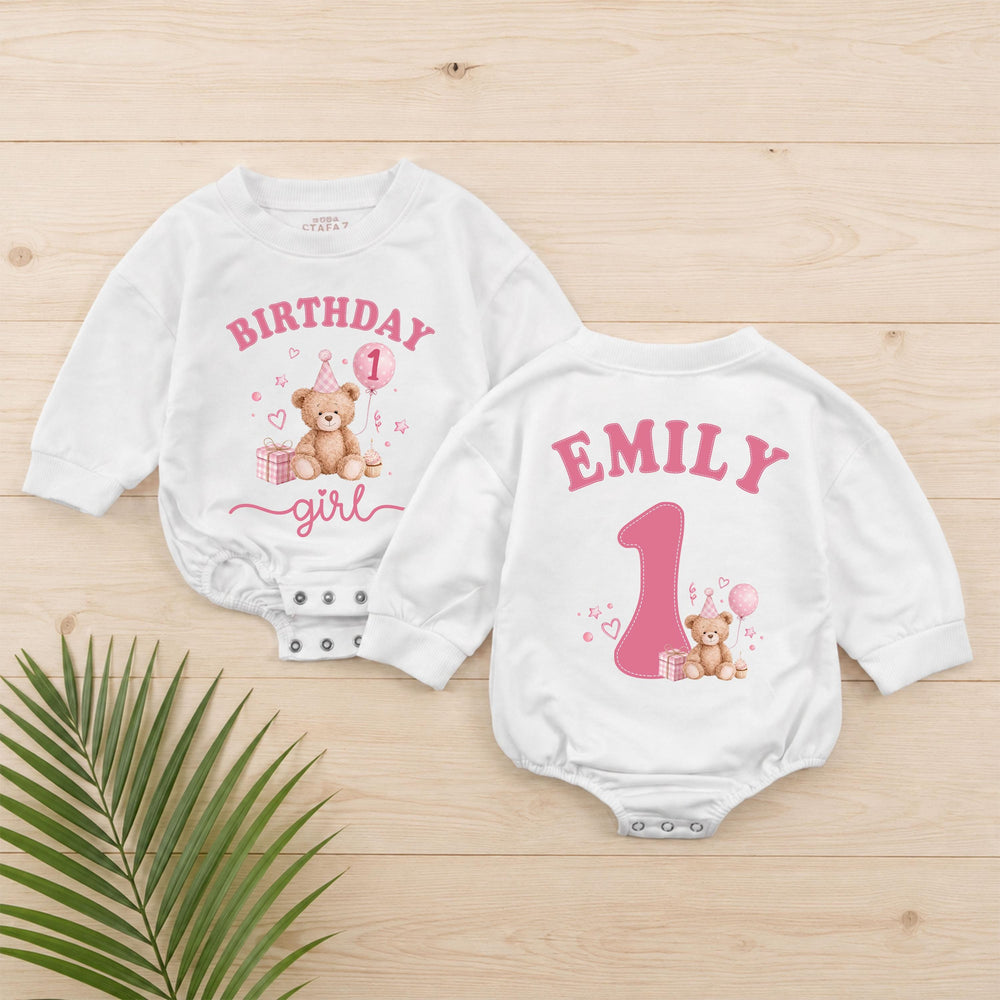 Custom Teddy Bear First Birthday Outfit for Baby Girl Soft Watercolor Romper with Name Adorable 1st Birthday Cake Smash Clothes Gift
