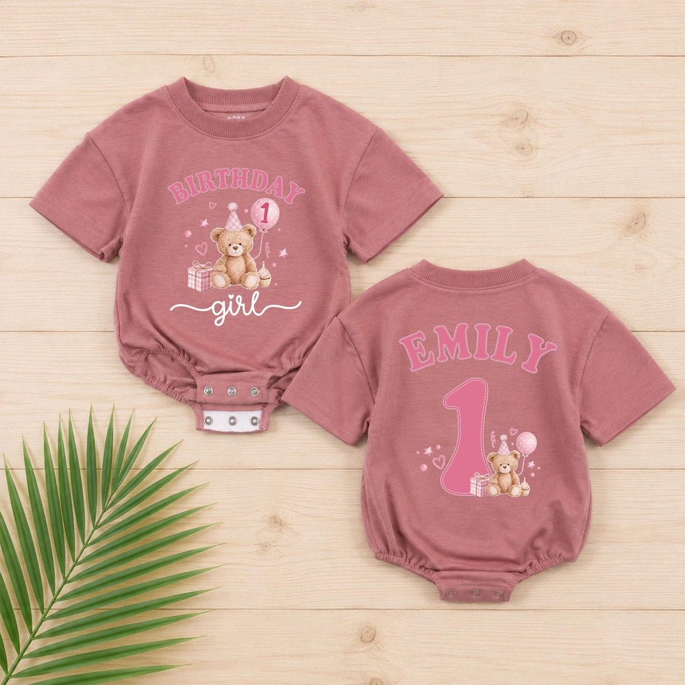 Custom Teddy Bear First Birthday Outfit for Baby Girl Soft Watercolor Romper with Name Adorable 1st Birthday Cake Smash Clothes Gift