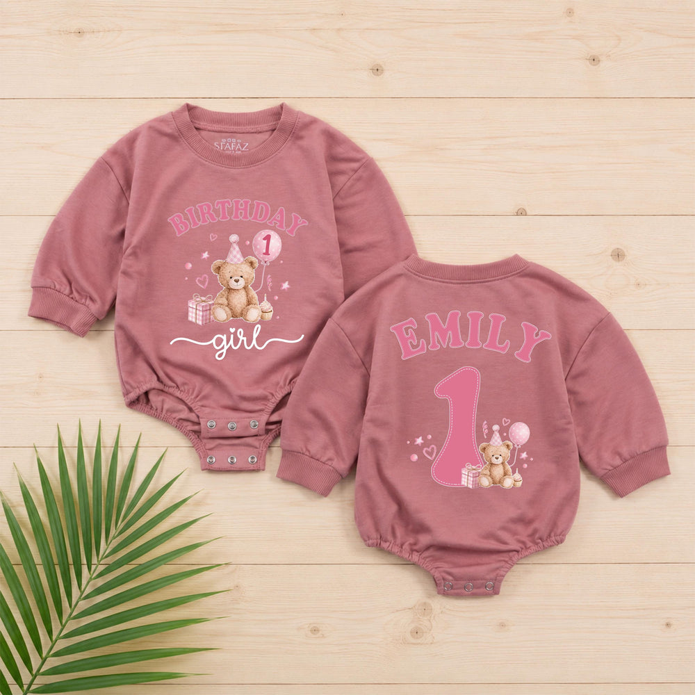 Custom Teddy Bear First Birthday Outfit for Baby Girl Soft Watercolor Romper with Name Adorable 1st Birthday Cake Smash Clothes Gift
