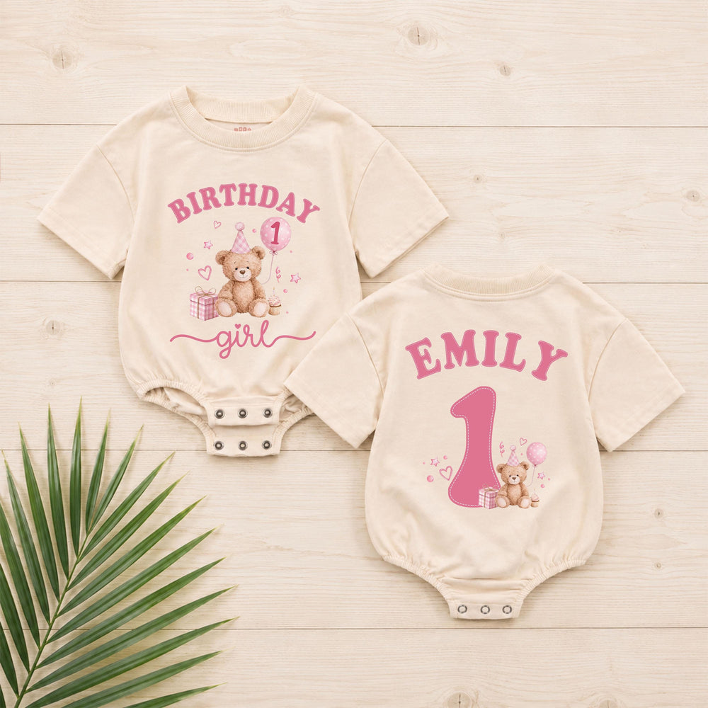 Custom Teddy Bear First Birthday Outfit for Baby Girl Soft Watercolor Romper with Name Adorable 1st Birthday Cake Smash Clothes Gift