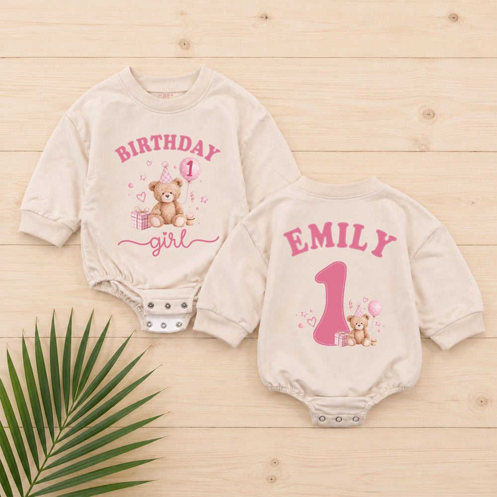 Custom Teddy Bear First Birthday Outfit for Baby Girl Soft Watercolor Romper with Name Adorable 1st Birthday Cake Smash Clothes Gift