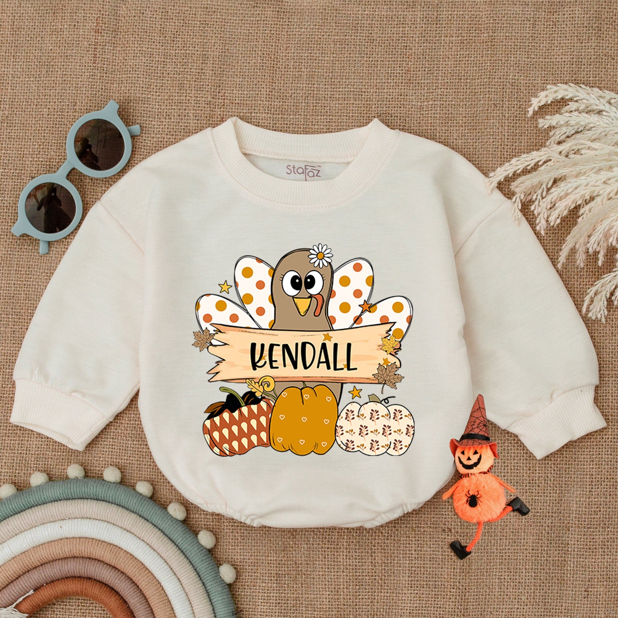 Custom Thanksgiving Baby Romper with Playful Turkey Fall Outfit for Girls Infant Personalized Name Cozy Autumn Pumpkin Bodysuit Holiday Gift