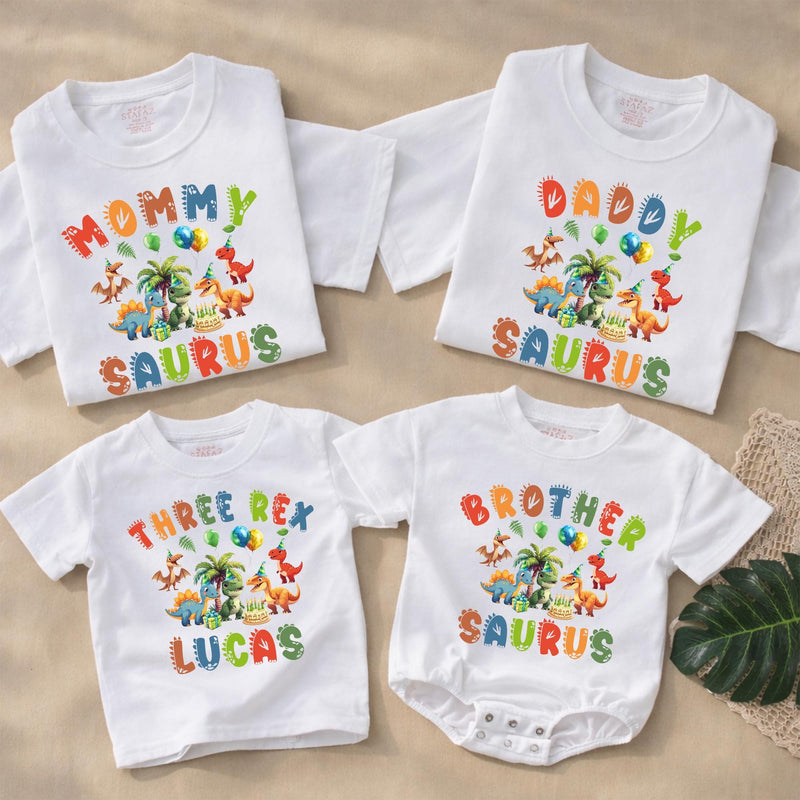 Custom Three Rex Dinosaur Birthday Matching Family Shirts, Soft Cotton Tees for Kids, Mom, Dad, Brother, Perfect for Parties