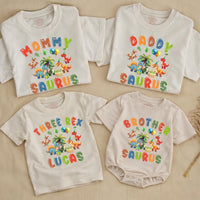 Custom Three Rex Dinosaur Birthday Matching Family Shirts, Soft Cotton Tees for Kids, Mom, Dad, Brother, Perfect for Parties