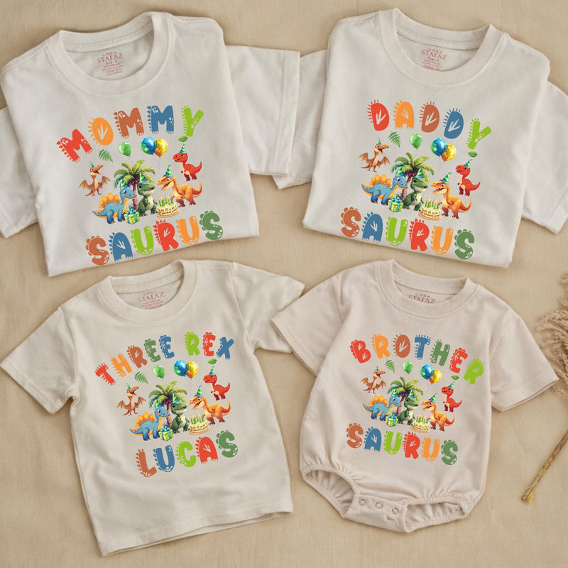 Custom Three Rex Dinosaur Birthday Matching Family Shirts, Soft Cotton Tees for Kids, Mom, Dad, Brother, Perfect for Parties