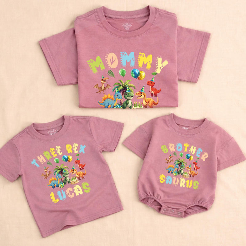 Custom Three Rex Dinosaur Birthday Matching Family Shirts, Soft Cotton Tees for Kids, Mom, Dad, Brother, Perfect for Parties