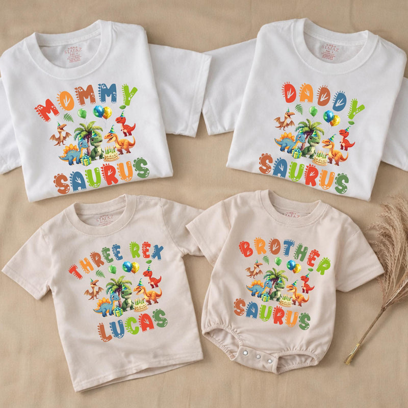 Custom Three Rex Dinosaur Birthday Matching Family Shirts, Soft Cotton Tees for Kids, Mom, Dad, Brother, Perfect for Parties