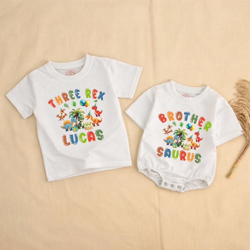 Custom Three Rex Dinosaur Birthday Matching Family Shirts, Soft Cotton Tees for Kids, Mom, Dad, Brother, Perfect for Parties