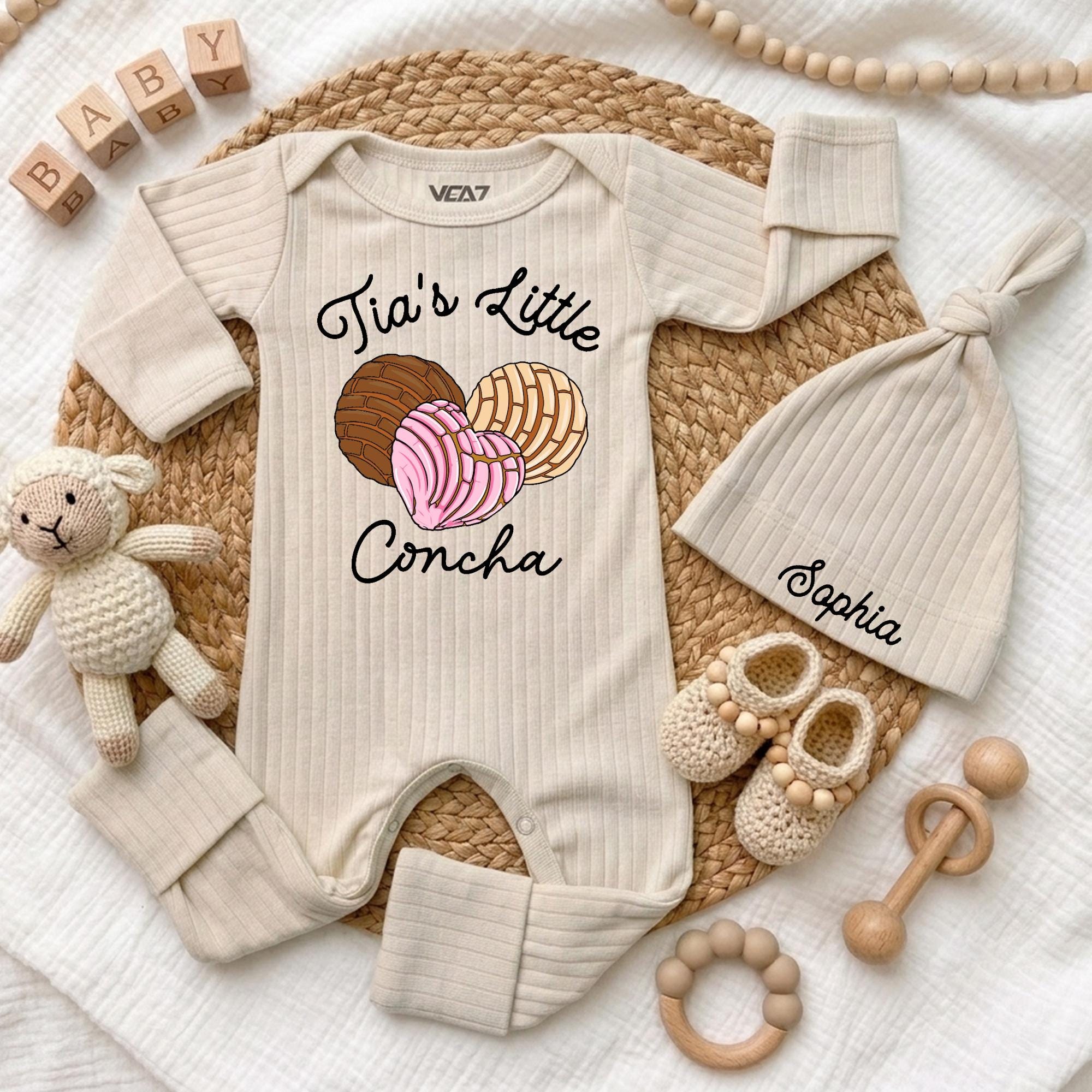 Custom Tia's Little Concha Baby Bodysuit with Hat, Soft Cotton Newborn Outfit, Baby Girl Gift for Baby Shower, Aunt Pregnancy Announcement