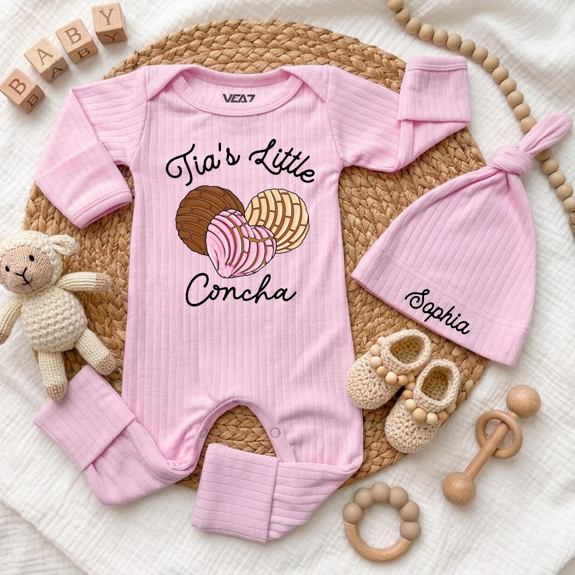Custom Tia's Little Concha Baby Bodysuit with Hat, Soft Cotton Newborn Outfit, Baby Girl Gift for Baby Shower, Aunt Pregnancy Announcement