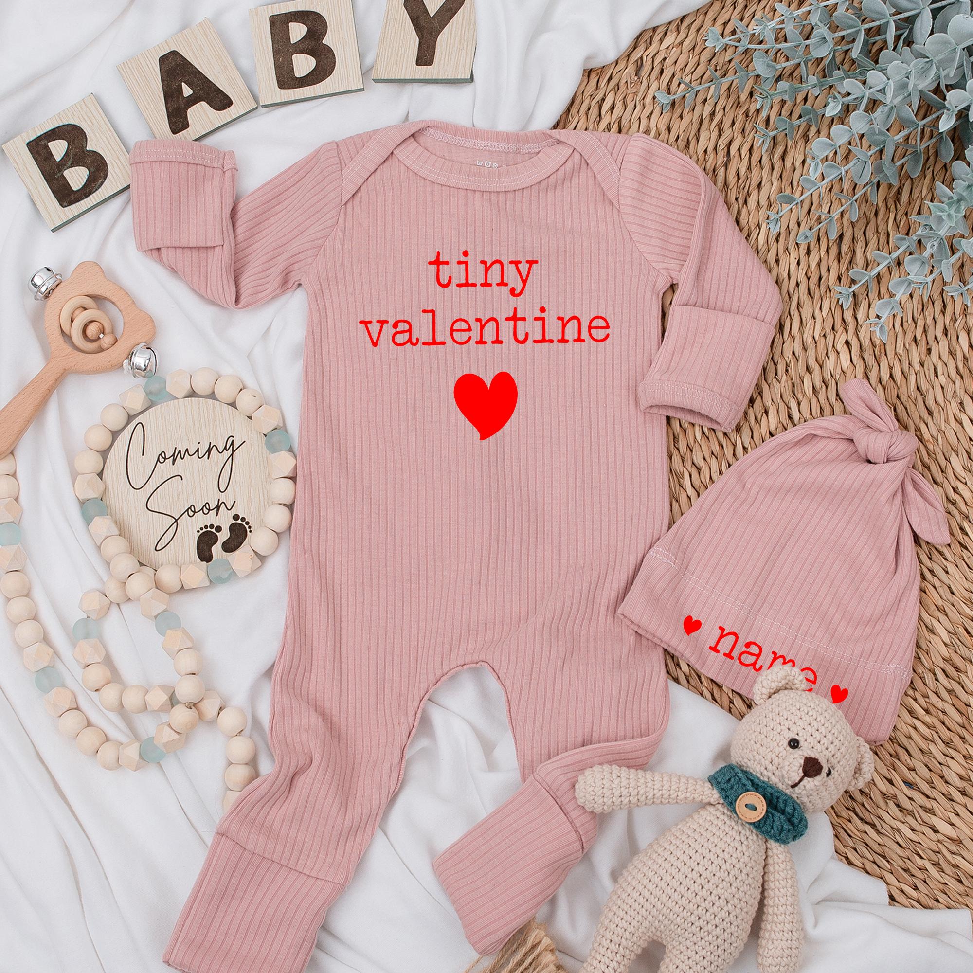 Custom Tiny Valentine Baby Bodysuit and Hat Set with Name Sweet Newborn Outfit for Valentine's Day Infant Girl Shower Gift
