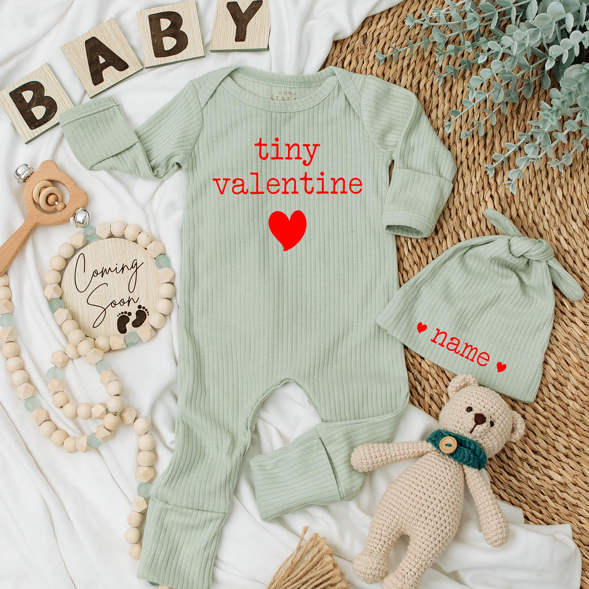 Custom Tiny Valentine Baby Bodysuit and Hat Set with Name Sweet Newborn Outfit for Valentine's Day Infant Girl Shower Gift