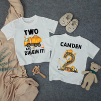 Custom Toddler 2nd Birthday Construction Shirt, Two and Diggin It Design, Matching Family Outfit, Soft Cotton Tee for Milestone Celebration
