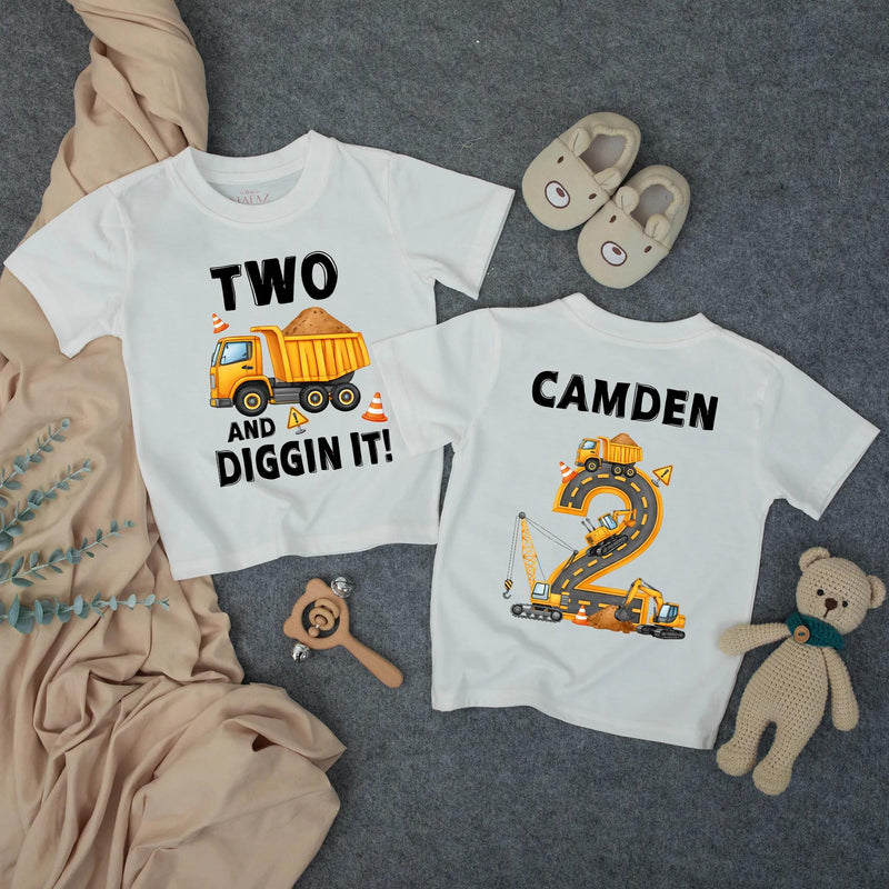 Custom Toddler 2nd Birthday Construction Shirt, Two and Diggin It Design, Matching Family Outfit, Soft Cotton Tee for Milestone Celebration