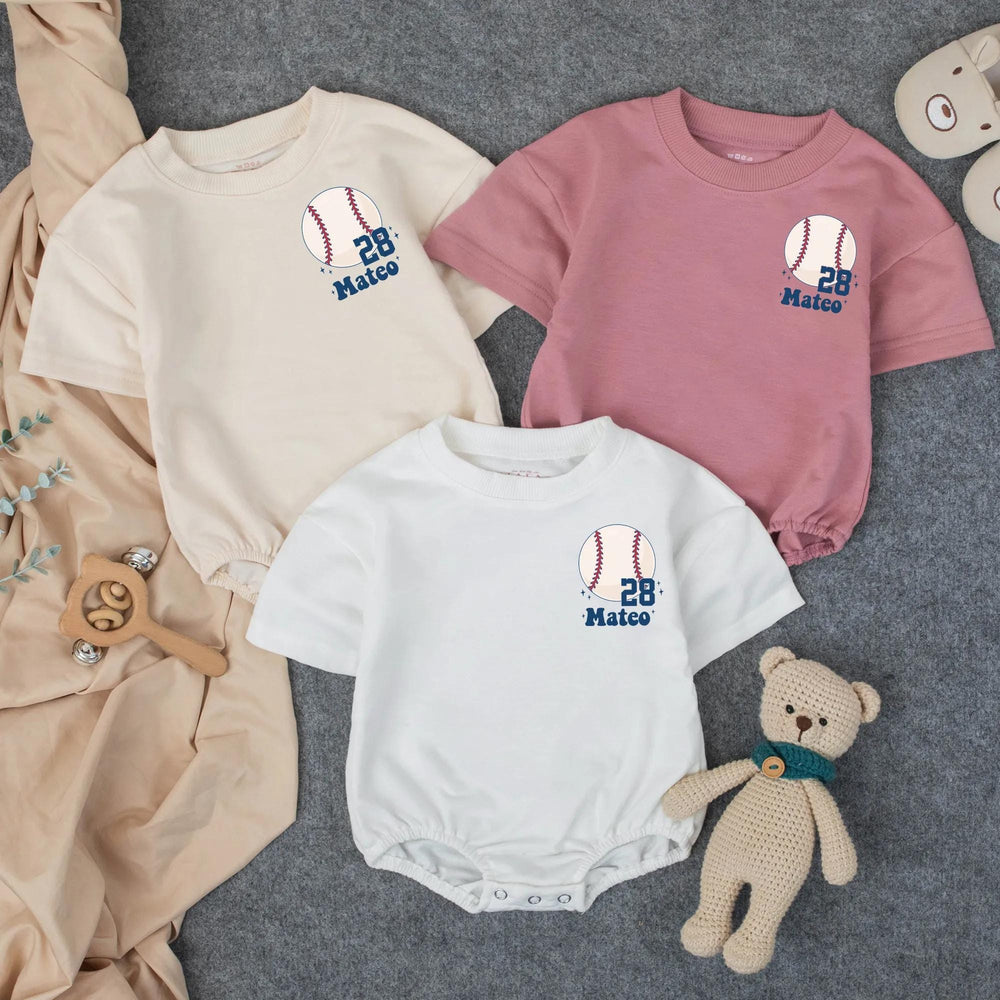 Custom Toddler Baseball Romper with Mateo Name and Number Navy Blue Sport Outfit Short Sleeve Retro Baby Clothes for Game Day or Birthday