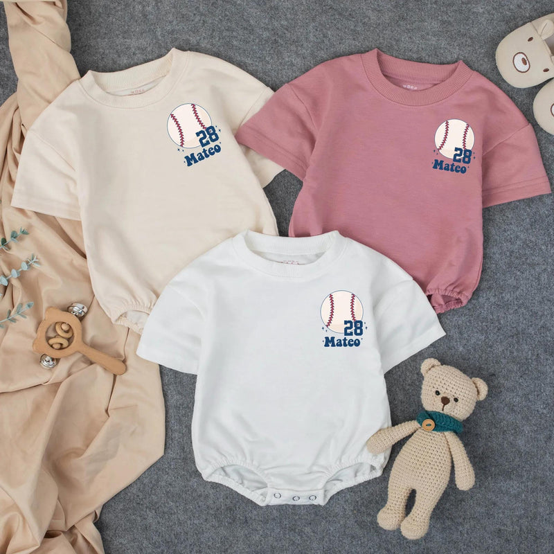 Custom Toddler Baseball Romper with Mateo Name and Number Navy Blue Sport Outfit Short Sleeve Retro Baby Clothes for Game Day or Birthday