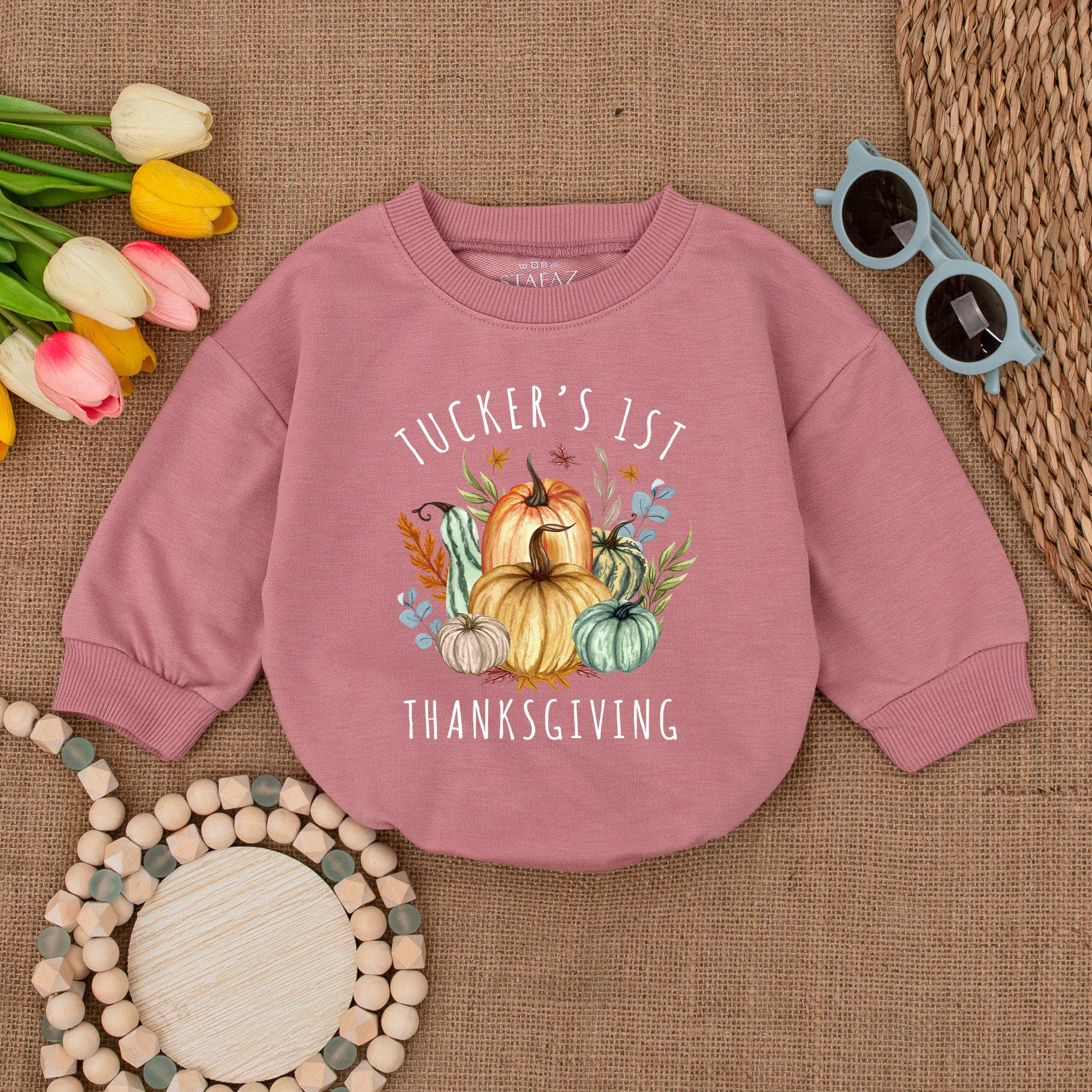 Custom Tucker's 1st Thanksgiving Romper Pumpkin Baby Outfit Fall Celebration Bodysuit Soft Cotton Infant Holiday Clothes Personalized Gift