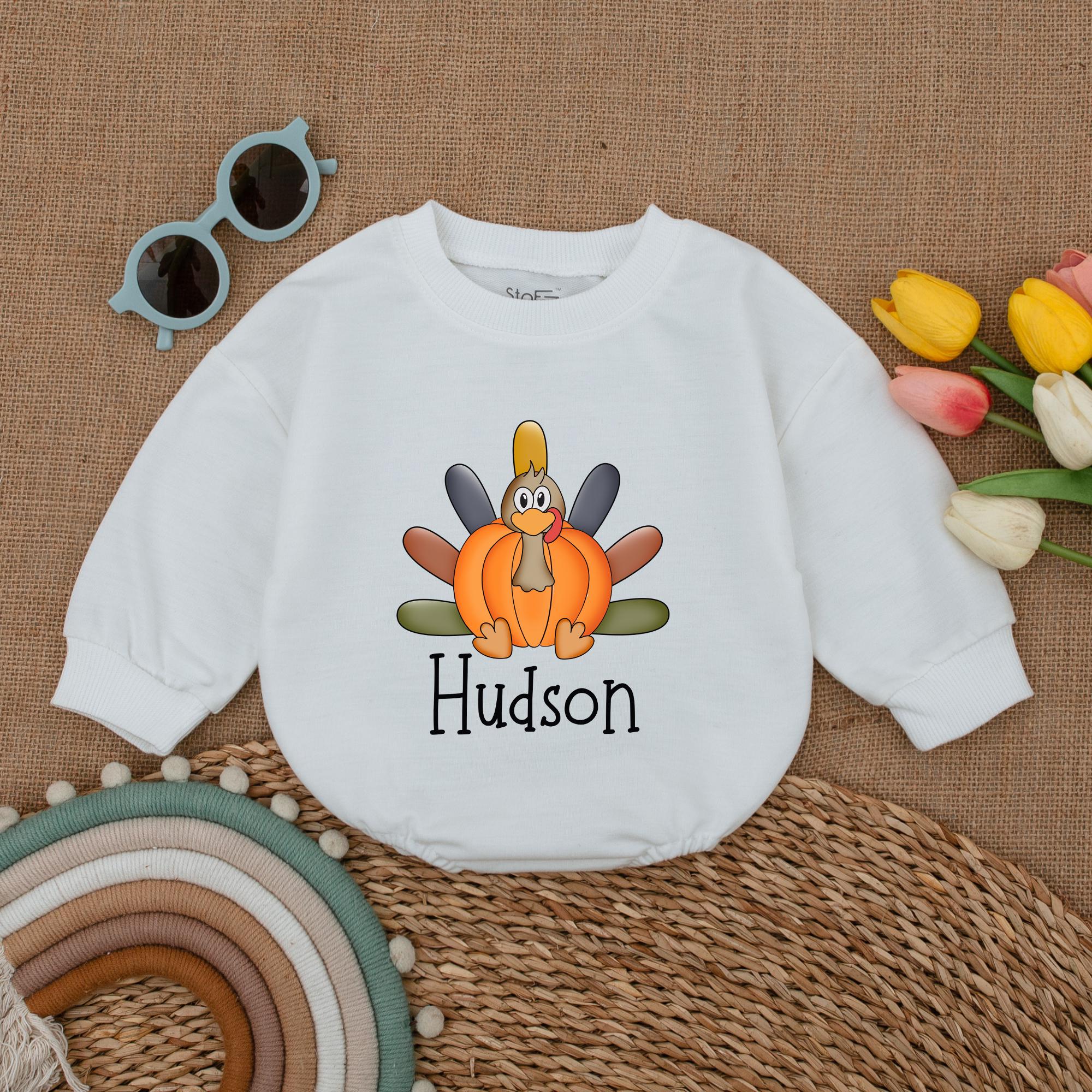 Custom Turkey Pumpkin Romper Baby Boy Thanksgiving Outfit Personalized Fall Colors Soft Cotton Infant Bodysuit Holiday Party Gift