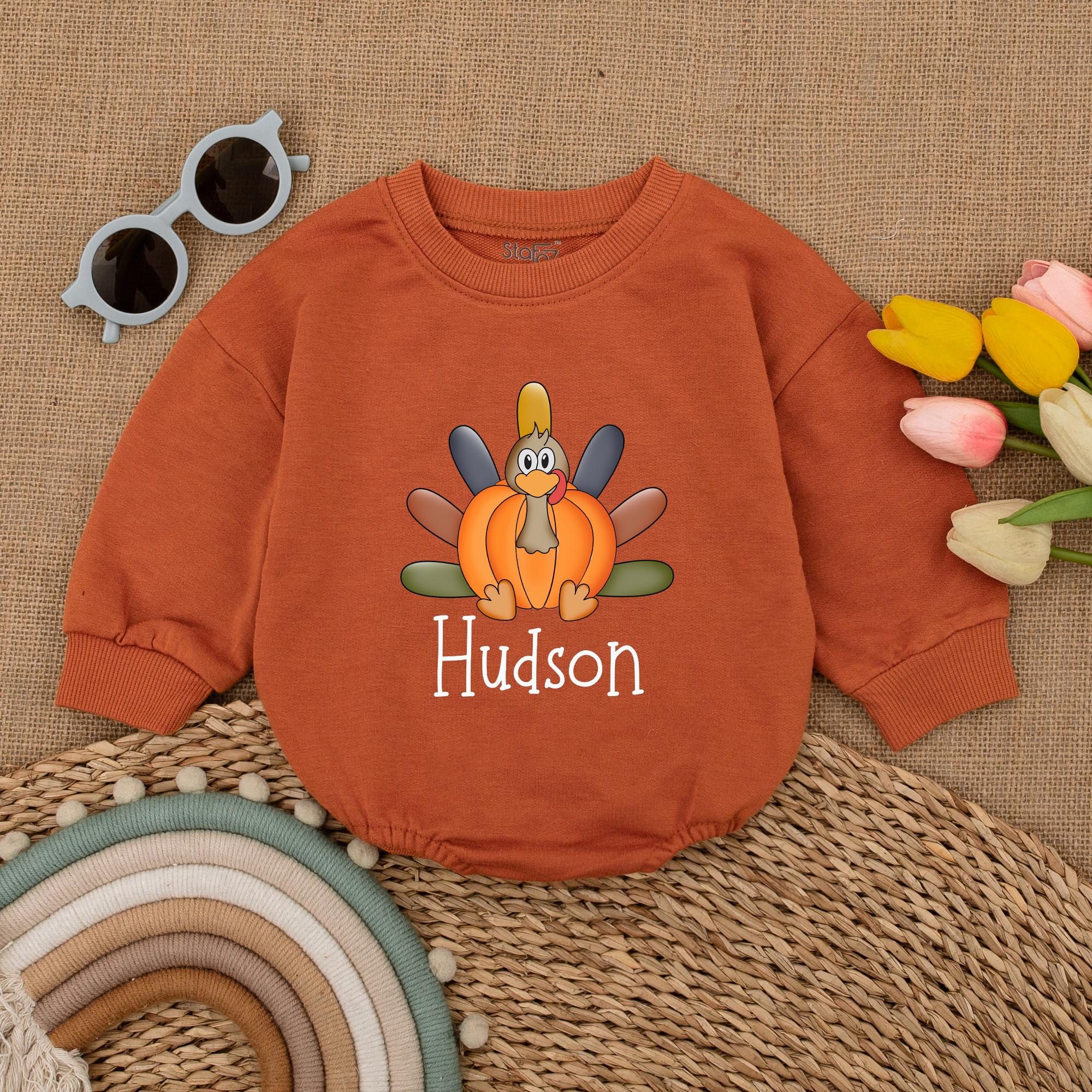 Custom Turkey Pumpkin Romper Baby Boy Thanksgiving Outfit Personalized Fall Colors Soft Cotton Infant Bodysuit Holiday Party Gift