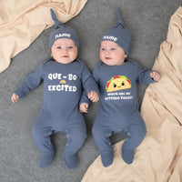 Custom Twin Baby Bodysuit and Hat Set Funny Taco Design Que-So Excited and Getting Tacos Outfit Newborn Shower Gift for Twins