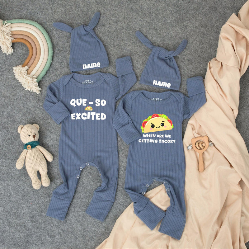 Custom Twin Baby Bodysuit and Hat Set Funny Taco Design Que-So Excited and Getting Tacos Outfit Newborn Shower Gift for Twins
