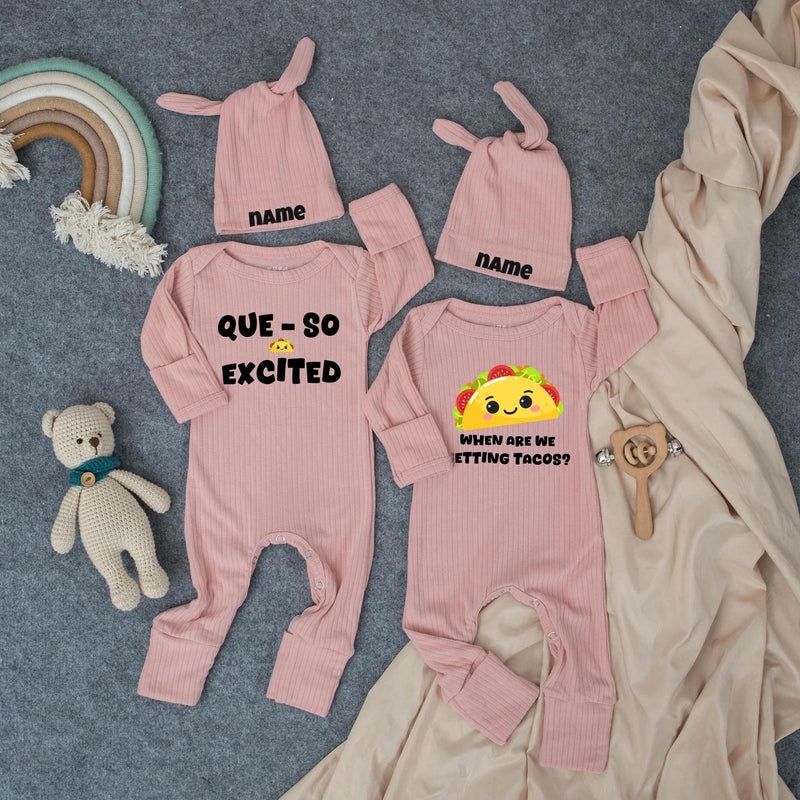 Custom Twin Baby Bodysuit and Hat Set Funny Taco Design Que-So Excited and Getting Tacos Outfit Newborn Shower Gift for Twins