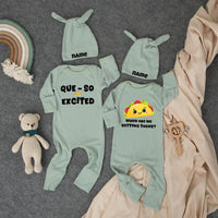 Custom Twin Baby Bodysuit and Hat Set Funny Taco Design Que-So Excited and Getting Tacos Outfit Newborn Shower Gift for Twins