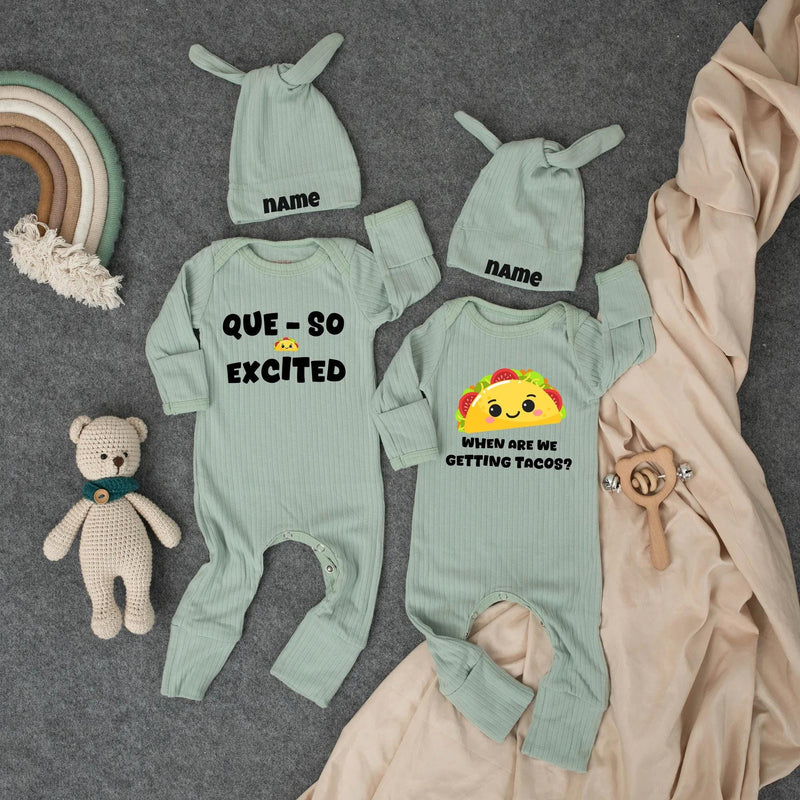 Custom Twin Baby Bodysuit and Hat Set Funny Taco Design Que-So Excited and Getting Tacos Outfit Newborn Shower Gift for Twins