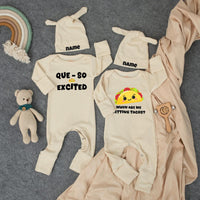 Custom Twin Baby Bodysuit and Hat Set Funny Taco Design Que-So Excited and Getting Tacos Outfit Newborn Shower Gift for Twins