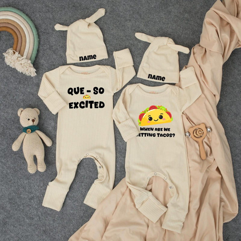 Custom Twin Baby Bodysuit and Hat Set Funny Taco Design Que-So Excited and Getting Tacos Outfit Newborn Shower Gift for Twins